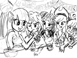 Size: 720x540 | Tagged: safe, artist:ciaran, derpibooru import, applejack, cheerilee, rarity, sunset shimmer, twilight sparkle, equestria girls, alcohol, angry, banner, beer, beer bottle, bottle, equestria girls 10th anniversary, flower, happy, image, laughing, png, simple background, sketch, smiling, white background