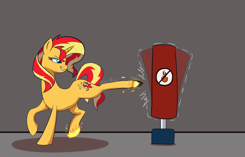 Size: 2329x1493 | Tagged: safe, artist:feralroku, derpibooru import, sunset shimmer, pony, unicorn, equestria girls, equestria girls 10th anniversary, female, fiery shimmer, fire, freestanding punching bag, image, kick, png, punching bag, smiling, solo