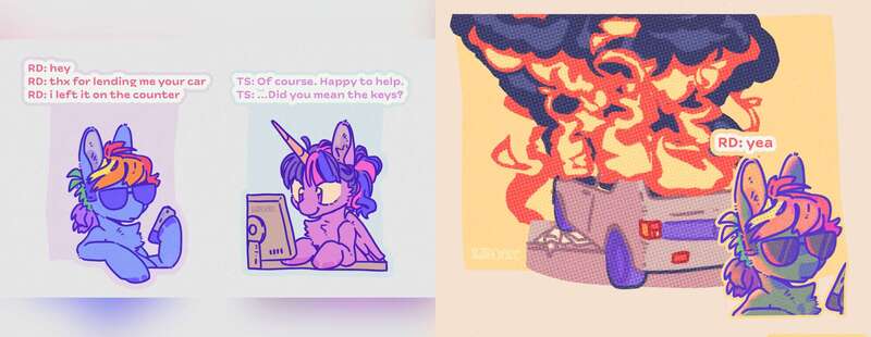 Size: 2400x931 | Tagged: safe, artist:pastacrylic, derpibooru import, twilight sparkle, twilight sparkle (alicorn), alicorn, pegasus, pony, car, chat, chest fluff, comic, ear fluff, fire, image, jpeg, sunglasses