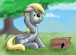 Size: 3000x2160 | Tagged: safe, artist:stellardust, derpibooru import, derpy hooves, pegasus, pony, box, female, grin, i just don't know what went wrong, image, mare, nervous, nervous grin, nervous sweat, outdoors, png, sitting, smiling, solo