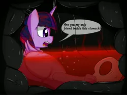 Size: 4000x3000 | Tagged: semi-grimdark, suggestive, artist:bestponies, derpibooru import, twilight sparkle, twilight sparkle (alicorn), oc, oc:aurora quill, alicorn, pony, blood, butt, glow, image, inside stomach, internal, jpeg, lying down, open mouth, plot, skull, stomach, stomach acid, vore