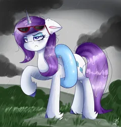 Size: 2385x2500 | Tagged: safe, artist:galaxy swirl, derpibooru import, rarity, pony, unicorn, image, inner tube, jpeg, makeup, pool toy, rain, raised hoof, rarity is not amused, running makeup, solo, sunglasses, unamused, unshorn fetlocks, wet, wet mane, wet mane rarity