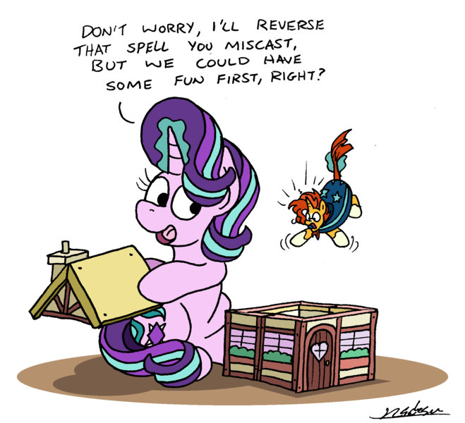 Size: 1902x1731 | Tagged: safe, artist:bobthedalek, derpibooru import, starlight glimmer, sunburst, pony, unicorn, atg 2023, dollhouse, duo, duo male and female, female, hoof hold, image, levitation, magic, male, mare, micro, newbie artist training grounds, png, shipping, shrunk, simple background, sitting, stallion, starburst, straight, tail, tail pull, telekinesis, white background