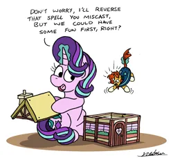 Size: 1902x1731 | Tagged: safe, artist:bobthedalek, derpibooru import, starlight glimmer, sunburst, pony, unicorn, atg 2023, dollhouse, duo, duo male and female, female, hoof hold, image, levitation, magic, male, mare, micro, newbie artist training grounds, png, shipping, shrunk, simple background, sitting, stallion, starburst, straight, tail, tail pull, telekinesis, white background