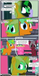 Size: 1519x2942 | Tagged: safe, artist:mrkm, derpibooru import, oc, oc:caramel star(mrkm), oc:cherry night, unofficial characters only, bat pony, pony, unicorn, comic:synthesis, bat pony oc, bat wings, dialogue, door, fangs, faucet, female, glow, glowing horn, hoof on chin, horn, image, kitchen, looking at you, magic, male, mare, open mouth, png, poster, rubbing eyes, smiling, smiling at you, soot, speech bubble, stallion, stool, table, telekinesis, towel, trio, unicorn oc, unshorn fetlocks, window, wings