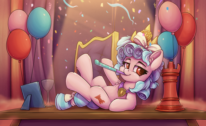 Size: 1337x821 | Tagged: safe, artist:zeepheru_pone, derpibooru import, cozy glow, pegasus, pony, atg 2023, balloon, chair, cheek fluff, chest fluff, confetti, crown, ear fluff, female, filly, foal, glass, image, jewelry, light, looking at you, newbie artist training grounds, night, party, party horn, png, regalia, ribbon, rook, sitting, smiling, solo, table