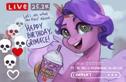 Size: 2000x1300 | Tagged: safe, artist:jewellier, derpibooru import, pipp petals, pegasus, g5, drink, grimace shake, image, livestream, looking at you, mcdonald's, meme, milkshake, moments before disaster, open mouth, png, solo, speech bubble, text, this will end in death, this will end in pain, this will end in tears, this will end in tears and/or death, 💀