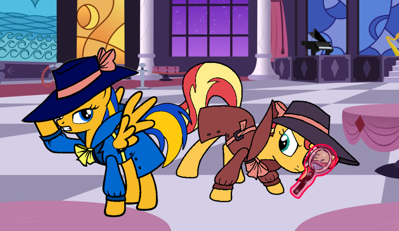 Size: 1726x1000 | Tagged: safe, artist:mlpfan3991, derpibooru import, sunset shimmer, oc, oc:flare spark, pegasus, pony, unicorn, canterlot, clothes, detective, fedora, female, hat, image, jpeg, magnifying glass, mare, trenchcoat