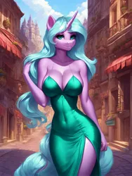 Size: 2304x3072 | Tagged: suggestive, derpibooru import, idw, machine learning generated, stable diffusion, radiant hope, anthro, pony, unicorn, ai content, beautiful, beautisexy, belly button, big breasts, breasts, busty radiant hope, city, cleavage, clothes, curvy, dress, female, generator:pony diffusion v5, green dress, horn, hourglass figure, image, jpeg, looking at you, mare, outdoors, prompter:frostru, sexy, side slit, smiling, solo, solo female, stupid sexy radiant hope, tight clothing