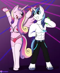 Size: 2200x2700 | Tagged: suggestive, artist:passionpanther, derpibooru import, princess cadance, shining armor, alicorn, anthro, pony, unicorn, series:plur is magic, absolute cleavage, breasts, cleavage, clothes, dancing, glowstick, image, muscles, partial nudity, party, png, rave, topless