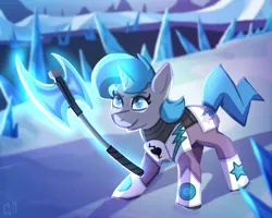 Size: 1500x1200 | Tagged: safe, artist:cnv99, derpibooru import, oc, oc:tango starfall, pony, unicorn, armor, axe, battle axe, blue eyes, blue mane, epic, female, fight, gray coat, image, laser, laser axe, mare, png, science fiction, smiling, solo, weapon