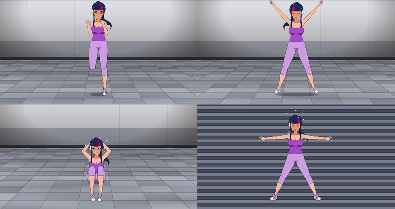 Size: 3840x2032 | Tagged: safe, derpibooru import, twilight sparkle, human, clothes, comic, exercise, exhausted, humanized, image, jogging, jumping, kisekae, pants, passed out, png, ponytail, running, running in place, shoes, sitting up, sneakers, solo, sweat, sweatdrop, sweatpants, tanktop, workout, workout outfit, yoga pants