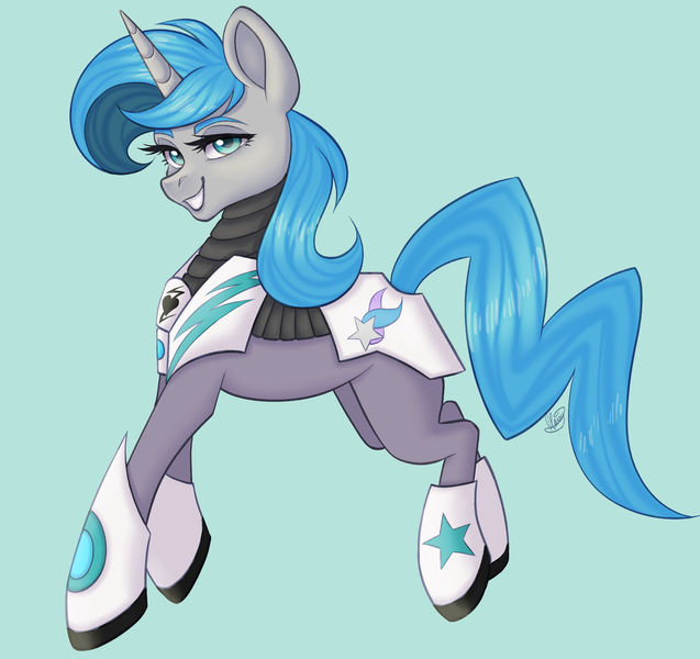 Size: 2522x2375 | Tagged: safe, artist:maisy, derpibooru import, oc, oc:tango starfall, pony, unicorn, armor, blue eyes, blue hair, blue tail, female, gray coat, image, mare, png, pretty, science fiction, smiling, solo, tail