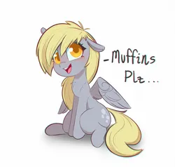 Size: 1000x952 | Tagged: safe, artist:inkypuso, derpibooru import, derpy hooves, pegasus, pony, chest fluff, colored pupils, cute, derpabetes, female, floppy ears, food, image, jpeg, mare, muffin, open mouth, open smile, simple background, sitting, smiling, solo, talking to viewer, that pony sure does love muffins, white background