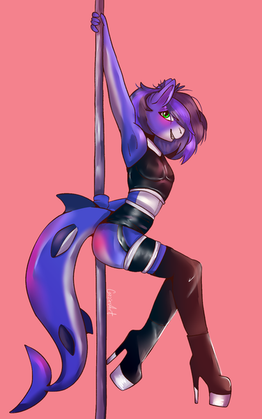 Size: 1220x1948 | Tagged: suggestive, artist:cozziesart, derpibooru import, ponerpics import, ponybooru import, oc, oc:guard cobalt flash, unofficial characters only, anthro, original species, pony, shark, shark pony, blushing, boots, clothes, ear fluff, femboy, gay, high heel boots, image, male, png, revealing clothing, shoes, simple background, smiling, stripper pole