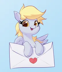 Size: 2100x2425 | Tagged: safe, artist:aquaticvibes, derpibooru import, derpy hooves, pegasus, pony, blue background, cute, derpabetes, female, high res, image, letter, looking at you, love letter, mare, open mouth, open smile, png, simple background, smiling, smiling at you, solo, wings