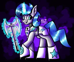 Size: 2129x1800 | Tagged: safe, artist:a.lt opal, derpibooru import, oc, oc:tango starfall, pony, unicorn, armor, axe, battle axe, blue eyes, blue mane, blue tail, female, gray coat, image, laser axe, mare, png, science fiction, smiling, solo, tail, weapon