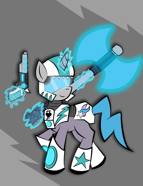 Size: 2550x3300 | Tagged: safe, artist:vareb, derpibooru import, oc, oc:tango starfall, pony, unicorn, armor, axe, battle axe, blue tail, female, glow, glowing horn, gun, handgun, helmet, horn, image, laser, laser axe, laser gun, magic, mare, pistol, png, power armor, science fiction, smiling, solo, tail, telekinesis, visor, walking, weapon