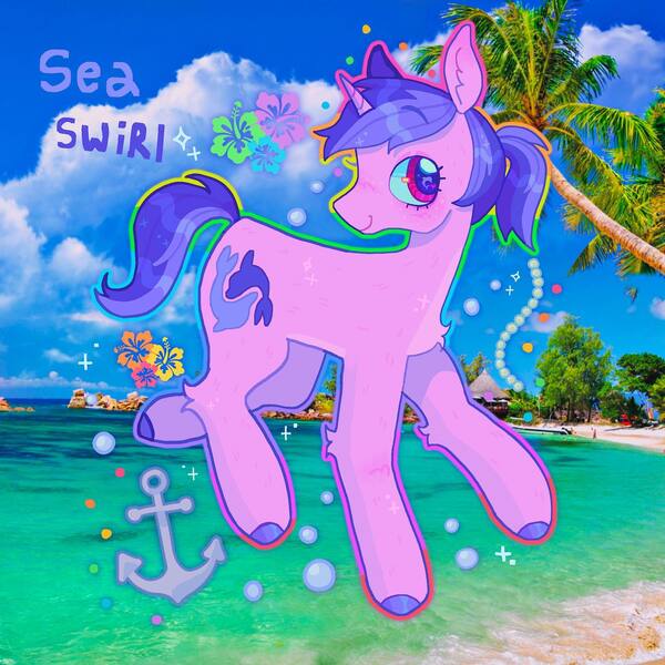 Size: 1440x1440 | Tagged: safe, artist:ariariari.png, derpibooru import, sea swirl, seafoam, pony, unicorn, anchor, colored hooves, flower, image, jpeg, ocean, pearl, ponytail, real life background, solo, water