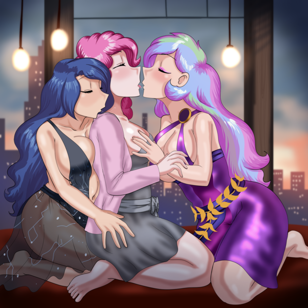 Size: 2000x2000 | Tagged: suggestive, artist:thebrokencog, derpibooru import, pinkie pie, princess celestia, princess luna, human, equestria girls, apartment, barefoot, blushing, breasts, busty pinkie pie, busty princess celestia, busty princess luna, butt touch, clothes, commission, dress, drool, drool on face, drool string, eyes closed, eyeshadow, feet, female, females only, grope, group sex, hand on breasts, hand on butt, humanized, image, imminent sex, kissing, kneeling, lesbian, lunapie, makeup, neck kiss, pinkielestia, png, sex, shipping, sloppy kissing, threesome, trio, trio female