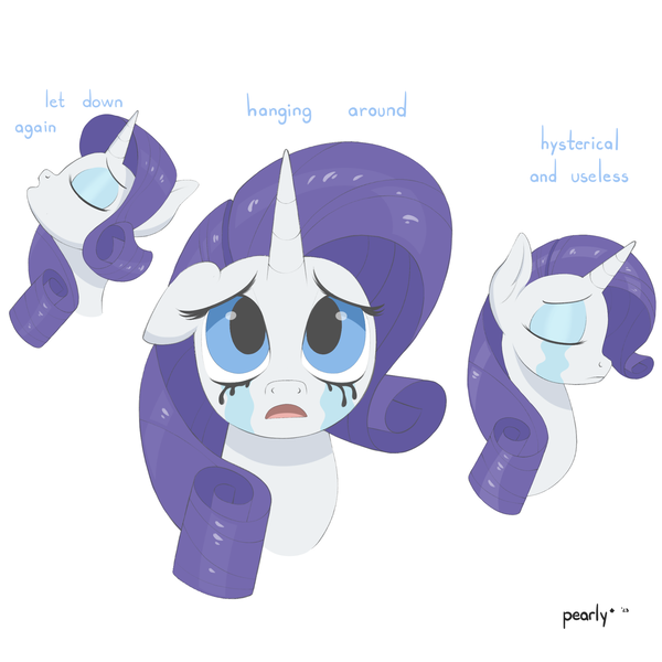 Size: 2000x2000 | Tagged: safe, artist:pearly* marshmallow, derpibooru import, rarity, pony, unicorn, crying, depressed, eyes closed, eyeshadow, female, floppy ears, image, looking up, makeup, multeity, open mouth, png, radiohead, running makeup, sad, simple background, singing, solo, song reference, tears of pain, text, white background