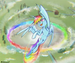 Size: 2048x1730 | Tagged: safe, artist:shinech9, derpibooru import, rainbow dash, pegasus, pony, eyebrows, eyebrows visible through hair, female, flying, image, jpeg, mare, open mouth, open smile, signature, smiling, solo, sonic rainboom, spread wings, wings