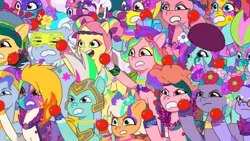 Size: 3072x1727 | Tagged: safe, derpibooru import, screencap, alphabittle (g5), onyx, posey (g5), unnamed character, earth pony, pegasus, pony, unicorn, g5, my little pony: tell your tale, spoiler:g5, spoiler:my little pony: tell your tale, spoiler:tyts01e56, alpine aspen, cherry flyaway, diva and conquer, elder blossom (g5), female, filly, flare (g5), foal, food, frown, image, jazz hooves, jpeg, male, mare, open mouth, open smile, peach fizz, powder blush (g5), smiling, stallion, strawberry rose (g5), thunder flap, tomato, windy (g5)