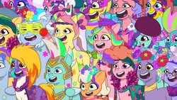 Size: 3072x1727 | Tagged: safe, derpibooru import, screencap, onyx, posey (g5), unnamed character, earth pony, pegasus, pony, unicorn, g5, my little pony: tell your tale, spoiler:g5, spoiler:my little pony: tell your tale, spoiler:tyts01e56, alphabittle blossomforth, alpine aspen, cherry flyaway, diva and conquer, elder blossom (g5), female, filly, flare (g5), foal, food, image, jazz hooves, jpeg, male, mare, open mouth, open smile, peach fizz, powder blush (g5), smiling, stallion, strawberry rose (g5), thunder flap, tomato, windy (g5)
