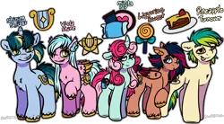 Size: 3232x1789 | Tagged: safe, artist:sexygoatgod, derpibooru import, oc, oc:liqourice sweet, oc:minty pop, oc:pineapple turnover, oc:shining strings, oc:viola shine, unofficial characters only, earth pony, hybrid, pegasus, pony, unicorn, female, group, image, magical lesbian spawn, male, offspring, parent:bon bon, parent:lyra heartstrings, parent:oc:razzmatazz gleam, parents:canon x oc, parents:lyrabon, pegabat, png, simple background, transparent background