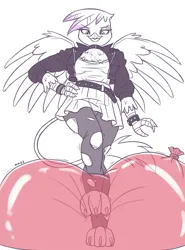 Size: 1186x1600 | Tagged: suggestive, artist:king-kakapo, derpibooru import, gilda, anthro, digitigrade anthro, gryphon, balloon, balloon fetish, balloon popping, belt, choker, clothes, commission, female, fetish, image, jacket, leather, leather jacket, looking at you, looking down, looking down at you, pantyhose, png, popping, ribbon, ripped pantyhose, sketch, skirt, solo, solo female, spread wings, stepping on something, stockings, that griffon sure does love balloons, thigh highs, toeless stockings, torn clothes, upskirt, wings