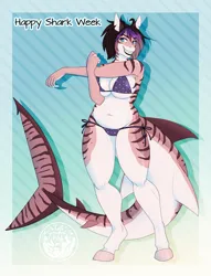 Size: 2563x3362 | Tagged: suggestive, artist:askbubblelee, derpibooru import, oc, oc:fish cake, unofficial characters only, anthro, original species, pony, shark, shark pony, unguligrade anthro, anthro oc, big breasts, bikini, breasts, clothes, digital art, female, image, mare, png, shark pony oc, shark week, sharp teeth, solo, solo female, standing, stretching, swimsuit, teeth