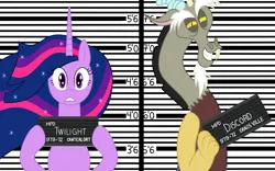 Size: 4500x2800 | Tagged: safe, artist:utts, derpibooru import, discord, princess twilight 2.0, twilight sparkle, twilight sparkle (alicorn), alicorn, draconequus, pony, the last problem, barbie (film), barbie mugshot meme, duo, duo male and female, eye clipping through hair, female, frown, grin, high res, image, looking at you, male, mare, meme, mugshot, older, older twilight, png, smiling, smiling at you, teeth