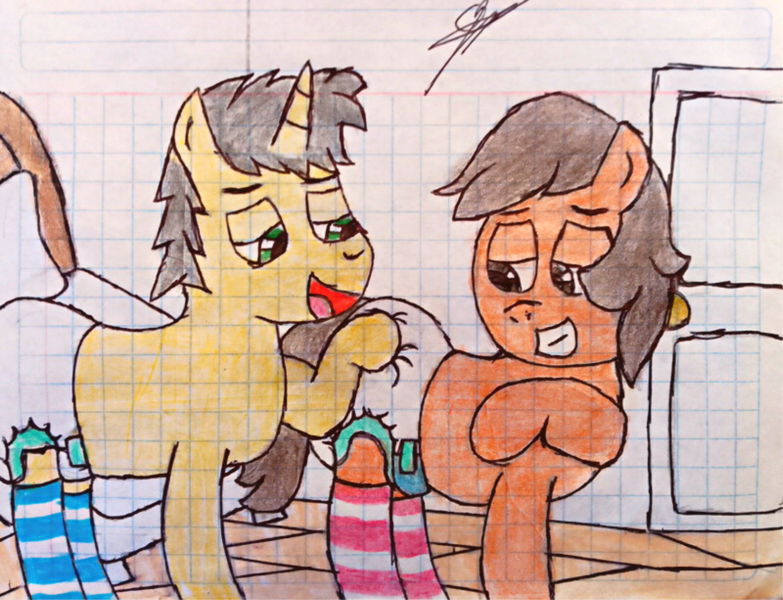 Size: 3724x2855 | Tagged: suggestive, artist:bitter sweetness, derpibooru import, edit, oc, oc:bitter sweetness, oc:robertapuddin, unofficial characters only, earth pony, unicorn, abdl, adult foal, brown eyes, clothes, diaper, diaper dry, diaper edit, diaper fetish, diapered, door, dry diaper, earth pony oc, fetish, graph paper, green eyes, horn, image, non-baby in diaper, open mouth, open smile, png, smiling, socks, striped socks, traditional art, unicorn oc, wooden floor