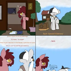 Size: 1504x1504 | Tagged: safe, artist:castafae, derpibooru import, oc, oc:checkers, bat pony, earth pony, pony, 4 panel comic, blank flank, comic, dialogue, dirt road, faint, female, hair covering face, hair over one eye, house, image, mailmare, mare, png, ponytail, raised hoof, shaking, sweat, tired