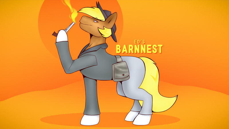 Size: 3840x2160 | Tagged: safe, artist:barnnest, derpibooru import, oc, oc:acres, earth pony, pony, background, bag, brown coat, commission, cowboy, cowboy hat, desert, full body, gun, handgun, hat, image, orange background, orange eyes, png, revolver, saddle bag, shading, simple background, smoke, solo, sun, tail, weapon, white hooves, yellow mane, yellow tail