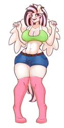 Size: 1500x3000 | Tagged: suggestive, artist:slavedemorto, derpibooru import, oc, unofficial characters only, anthro, pegasus, pony, unguligrade anthro, belly button, big breasts, breasts, busty oc, cleavage, clothes, commission, curvy, denim, denim shorts, ear piercing, earring, eyeshadow, female, hourglass figure, image, jewelry, lipstick, makeup, mare, piercing, png, shorts, solo, solo female, striped mane, thigh socks, wide hips