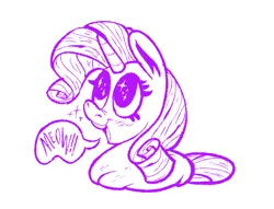 Size: 1655x1267 | Tagged: safe, artist:jimmyjamno1, derpibooru import, rarity, pony, unicorn, behaving like a cat, big eyes, blushing, cute, female, image, looking up, lying down, mare, meow, monochrome, open mouth, open smile, png, ponyloaf, prone, raribetes, simple background, smiling, solo, white background