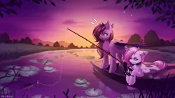Size: 4300x2400 | Tagged: safe, artist:villjulie, derpibooru import, oc, unofficial characters only, pegasus, pony, boat, duo, fishing, fishing rod, image, lake, lilypad, pegasus oc, png, water, wings