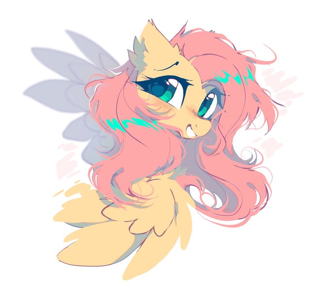 Size: 1946x1804 | Tagged: safe, artist:mirtash, derpibooru import, fluttershy, pegasus, pony, bust, cute, female, grin, image, jpeg, looking at you, shyabetes, simple background, smiling, solo, spread wings, white background, wings