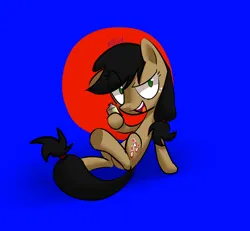 Size: 3250x3000 | Tagged: safe, artist:kruvvv, derpibooru import, applejack, pony, elements of insanity, alternate universe, applepills, black mane, black tail, blue background, female, green eyes, happy, hatless, hoof hold, image, looking at you, looking up, lying down, mare, missing accessory, on back, open mouth, pills, pills in hoof, png, raised hoof, red circle, simple background, sitting, small eyes, smiling, smiling at you, smirk, solo, tail