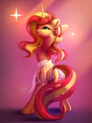 Size: 1994x2659 | Tagged: safe, artist:itssim, derpibooru import, sunset shimmer, pony, unicorn, bipedal, bunset shimmer, butt, clothes, female, high res, hooves behind head, image, jpeg, looking at you, looking back, looking back at you, mare, plot, rear view, see-through, skirt, smiling, solo