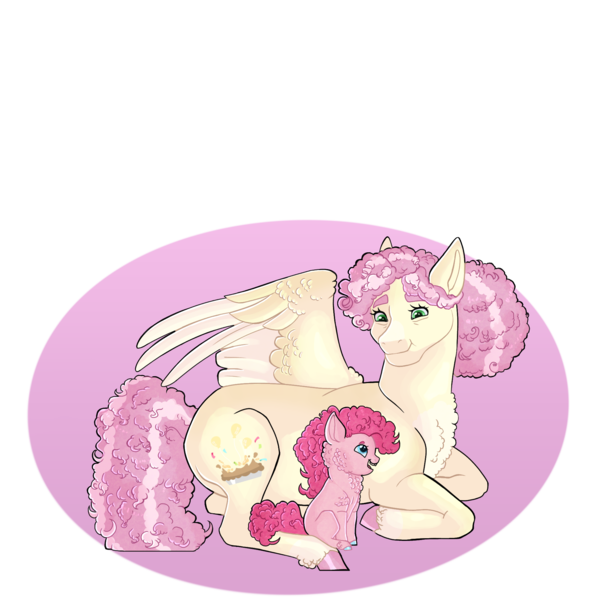 Size: 2000x2000 | Tagged: safe, artist:rainydayjitters, derpibooru import, granny pie, pinkie pie, oc, earth pony, pegasus, pony, blank flank, cheek fluff, chest fluff, female, filly, filly pinkie pie, grandmother and grandchild, grandmother and granddaughter, high res, image, looking at each other, looking at someone, mare, png, simple background, transparent background, wing shelter, wings, younger