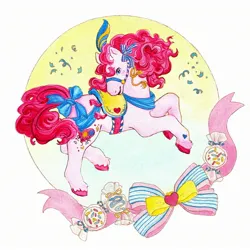 Size: 2550x2550 | Tagged: safe, artist:birman_ink, derpibooru import, pinkie pie, earth pony, pony, female, halter, hooves, image, jpeg, mare, ribbon, saddle, simple background, solo, tack, traditional art, vintage, watercolor painting, white background