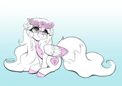 Size: 1748x1240 | Tagged: safe, artist:nuumia, derpibooru import, oc, oc:dyn, pegasus, pony, blaze (coat marking), coat markings, colored belly, colored hooves, colored wings, cute, facial markings, female, floral head wreath, flower, fluffy, folded wings, gradient background, image, long mane, long tail, mare, partial color, pegasus oc, pink mane, png, pretty, sitting, sketch, smiling, solo, tail, two toned wings, white coat, white mane, white tail, wings