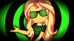 Size: 1591x894 | Tagged: safe, derpibooru import, sunset shimmer, pony, equestria girls, female, glasses, goggles, green, hypnogoggles, hypnosis, hypnotized, image, jpeg, mare, obey, solo, solo female, sunglasses, sunset