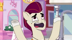 Size: 2048x1147 | Tagged: safe, derpibooru import, screencap, pegasus, pony, g5, my little pony: tell your tale, a day in the life, anatomically incorrect, dilated pupils, faic, image, jewelry, jpeg, male, necklace, open mouth, rocky riff, solo, stallion, sweat, sweatdrop, wat, wide mouth