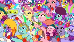 Size: 3072x1727 | Tagged: safe, derpibooru import, screencap, onyx, posey (g5), unnamed character, earth pony, pegasus, pony, unicorn, g5, my little pony: tell your tale, spoiler:g5, spoiler:my little pony: tell your tale, spoiler:tyts01e56, alphabittle blossomforth, beret, diva and conquer, female, filly, flare (g5), foal, food, frown, hat, image, jazz hooves, jpeg, male, mare, open mouth, peach fizz, stallion, thunder flap, tomato, windy (g5)