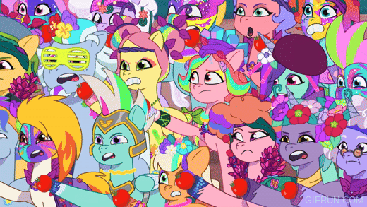 Size: 520x293 | Tagged: safe, derpibooru import, screencap, onyx, posey (g5), earth pony, pegasus, pony, unicorn, g5, my little pony: tell your tale, spoiler:g5, spoiler:my little pony: tell your tale, spoiler:tyts01e56, alphabittle blossomforth, alpine aspen, cherry flyaway, diva and conquer, elder blossom (g5), female, filly, flare (g5), foal, food, gif, image, jazz hooves, male, mare, peach fizz, pegasus royal guard, powder blush (g5), royal guard, stallion, strawberry rose (g5), thunder flap, windy (g5)