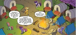 Size: 1712x810 | Tagged: safe, artist:tonyfleecs, derpibooru import, idw, applejack, calamity mane, unnamed character, unnamed pony, earth pony, pony, spoiler:comic, spoiler:comicff33, braid, car, cherry blossoms, cherry tree, comic, cowboy hat, female, fireplace, flower, flower blossom, hat, image, mare, official comic, png, tree