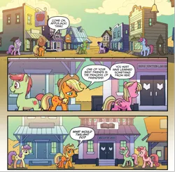 Size: 1717x1686 | Tagged: safe, artist:tonyfleecs, derpibooru import, idw, applejack, unnamed character, unnamed pony, earth pony, pony, spoiler:comic, spoiler:comicff33, braid, building, comic, cowboy hat, female, hat, image, mare, official comic, png, stetson